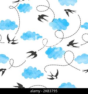 Des hirondelles volants sans couture et un motif bleu aquarelle des nuages. Illustration de Vecteur