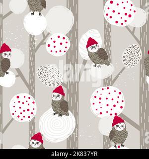 Motif de Noël abstrait sans couture avec chouettes chouettes chouettes et arbres. Illustration de Vecteur