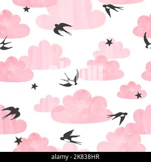 Des hirondelles volants sans couture et un motif de nuages d'aquarelle rose. Illustration de Vecteur