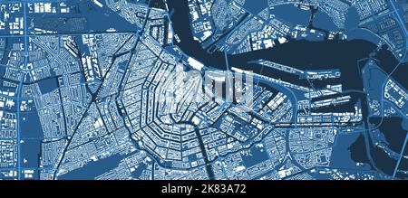 Affiche détaillée en bleu sur la carte vectorielle de la zone administrative de la ville d'Amsterdam. Panorama sur la ligne d'horizon. Carte touristique graphique décorative du territoire d'Amsterdam. Royalte Illustration de Vecteur