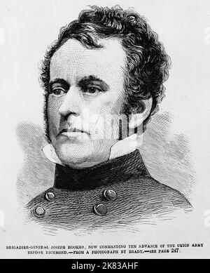 Portrait du général de brigade Joseph Hooker, commandant maintenant l'avance de l'Armée de l'Union avant Richmond. 1862. Illustration de la guerre de Sécession de 19th siècle dans le journal illustré de Frank Leslie Banque D'Images