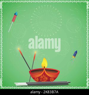 Bonne célébration de Diwali. Bannière Festival avec pétards et lampes à huile sur fond vert. Illustration vectorielle Illustration de Vecteur