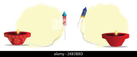 Ensemble de modèles de voeux Diwali avec belle lampe à huile Diwali diya brûlante avec craquelins sur fond jaune. Peut être utilisé pour la bannière ou l'affiche. Illustration de Vecteur