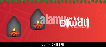 Happy Diwali. Site Web d'en-tête de médias sociaux ou design de bannière avec lampe à huile sur fond rouge pour la fête de Diwali Festival Illustration de Vecteur