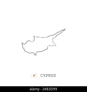 Carte vectorielle de Chypre, ligne, linéaire. Carte noire de Chypre sur fond blanc. Drapeau de Chypre Illustration de Vecteur