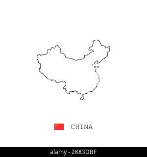 Carte vectorielle de la Chine, ligne, linéaire. Carte noire de Chine sur fond blanc. Drapeau de la Chine Illustration de Vecteur