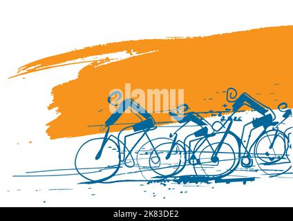 Course cycliste, dessin au trait, arrière-plan de bannière expressive. Toile de fond colorée avec des cyclistes sur un coup de pinceau.modèle de bannière. Conception de dessin en ligne continue. Illustration de Vecteur