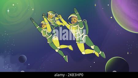 Une famille d'astronautes Superman vole dans l'espace en tenant les mains. Illustration vectorielle de style dessin animé Illustration de Vecteur