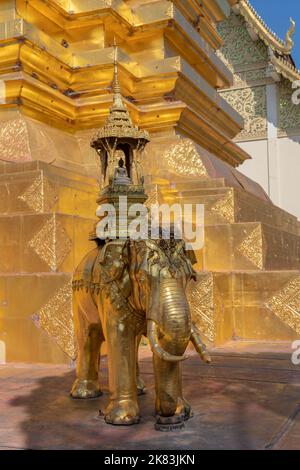 Belle statue d'éléphant d'or à la base de la stupa principale à l'ancien temple bouddhiste Wat Chom Phu ou Chomphu, Chiang Mai, Thaïlande Banque D'Images