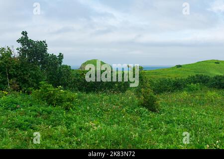 Paysage naturel de l'île de Kunashir avec des collines herbeuses et l'océan en arrière-plan Banque D'Images