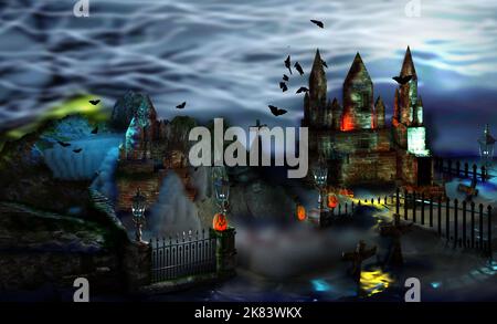 Arrière-plan d'Halloween avec château médiéval et cimetière avec citrouilles, lanternes et chauves-souris volantes dans la nuit. Banque D'Images