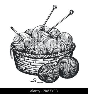 Balles de fil, aiguilles de tricotage dans le panier. Des clows, des pelins de fil. Outils artisanat de hobby féminin, dessin de tricot à la main Illustration de Vecteur