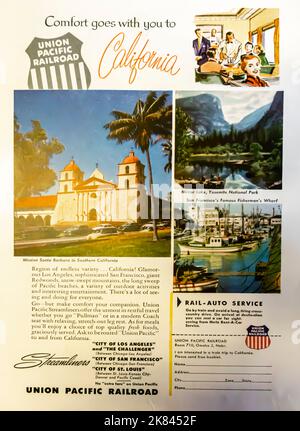 Union Pacific Railroad - annonce de voyage en Californie dans un magazine NatGeo, 1954 Banque D'Images