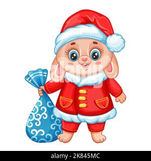 Joyeux lapin en costume du Père Noël du nouvel an avec cadeaux du sac de Noël. Adorable petit lapin chinois horoscope zodiaque signe. Dessin animé lièvre animal vecteur Illustration de Vecteur