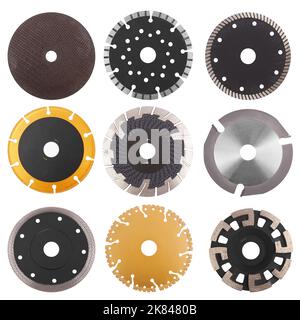 Lames de scie Circilar pour le bois, le métal et la pierre isolées sur fond blanc Banque D'Images