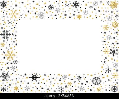 Flocon de neige noir or argent bordure linéaire. Copier le cadre de flocons de neige d'espace. Modèle de bannière pour affiche de carte de vœux de Noël et de bonne année. Décor hivernal des étoiles de glace. Décoration de Noël Illustration de Vecteur