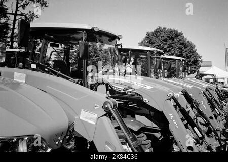 Une rangée de trackers Massey Ferguson exposés à une foire de campagne aux rayons du soleil. Image capturée sur film noir et blanc analogique. Banque D'Images