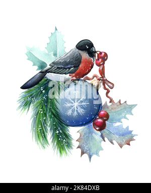 Illustration de Noël avec des branches de taureaux, de boules de noël, d'épinette et de GUI. Aquarelle. Banque D'Images