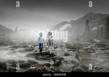 Les enfants portent des lunettes de réalité virtuelle Banque D'Images