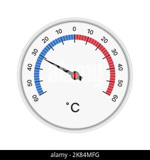 Illustration réaliste d'un thermomètre rond avec un cadre circulaire en plastique blanc. Flèche pour la mesure de la température et échelle des couleurs rouge et bleu - Illustration de Vecteur