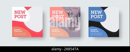 Nouveau modèle post-vectoriel carré de médias sociaux avec présentation de conception colorée, place pour la photo. Affiche pour bulletin d'information, publication commerciale. Définir pour Illustration de Vecteur