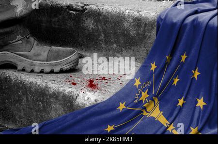 La branche militaire est sur le pas à côté du drapeau de l'État de l'Indiana, le concept de conflit militaire Banque D'Images