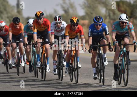 La pause avec Mark Cavendish pour l'équipe de Bahreïn McLaren et le vainqueur de la scène Rui Costa pour l'équipe des Émirats Arabes Unis Saudi Tour 2020, étape 1. Comité olympique saoudien - de Riyad à Jaww - 173km Banque D'Images