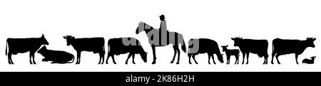 Ensemble de berger saisit les vaches dans le pâturage. Silhouette de l'image. Animaux de la ferme. Animaux pour le lait et les produits laitiers. Isolé sur fond blanc. Vecteur. Illustration de Vecteur