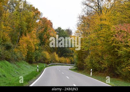 route sinueuse à travers une vallée d'automne Banque D'Images