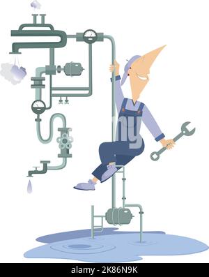 Le mécanicien de bande dessinée répare la construction des tuyaux. Panne. Mécanicien de bande dessinée avec une clé répare la construction de la tuyauterie pour arrêter le débit d'eau. Isolé sur blanc Illustration de Vecteur