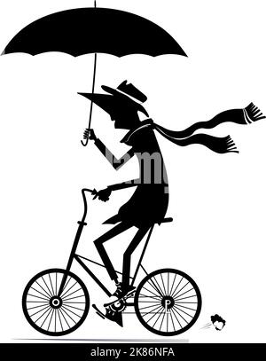 Une journée pluvieux et venteuse et un homme fait du vélo. Illustration. Un jeune homme avec un parapluie fait un vélo sous le vent fort et la pluie. Noir sur blanc Illustration de Vecteur