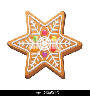 Pain d'épice de Noël. Biscuits sucrés festifs sous forme d'étoile décorée de sucre glace et de confiture. Illustration vectorielle isolée. Illustration de Vecteur