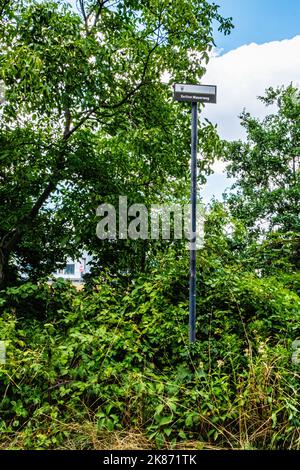 Berliner Mauerweg panneau et plan sur la route de l'ancien mur le long du canal Britz, Baumschulenweg, Treptow-Köpenick, Berlin Banque D'Images