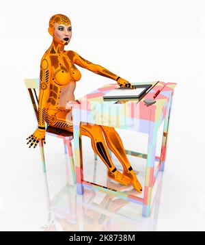 Robot femme humanoïde avec bureau Banque D'Images
