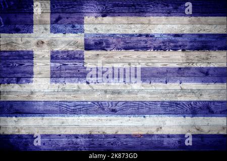 Une vignetted image de fond du drapeau de la Grèce peints sur des planches de bois d'un mur ou le plancher. Banque D'Images