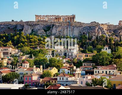 Vue sur l'Acropole, site classé au patrimoine mondial de l'UNESCO, Athènes, Attique, Grèce, Europe Banque D'Images