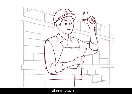 Homme en uniforme et casque travaillant en entrepôt. Homme souriant ingénieur ou mécanicien au magasin ou au dépôt. Profession et profession. Illustration vectorielle. Illustration de Vecteur