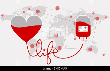 Illustration du concept donner du sang et sauver des vies. Sac de sang et cœur rouge sur la carte du monde avec points connectés. Journée mondiale des dons et des donateurs Banque D'Images