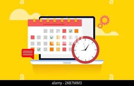 Gestion du temps, planification des activités, jours prévus et ordre du jour avec avis important. Ordinateur portable moderne avec calendrier, horloge et message d'échéance. Banque D'Images