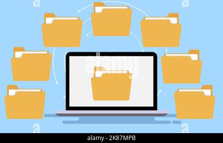 Transférer des fichiers de l'ordinateur vers le téléphone mobile. Dossiers numériques transférez des fichiers depuis un ordinateur portable moderne Banque D'Images