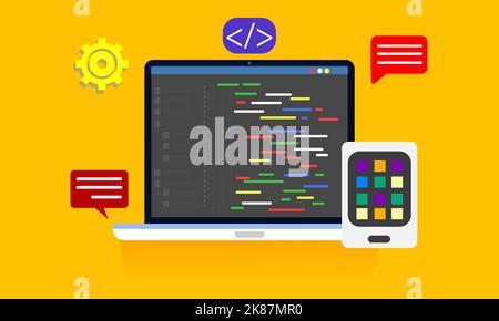 Illustration du code de programmation sur l'écran de l'ordinateur portable. Développement de site Web et logiciel de codage interface sur PC moderne Banque D'Images