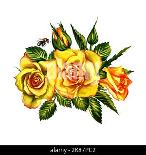 Roses jaunes, composition de bouquet festif. Fleurs jaunes d'aquarelle avec feuilles vertes. Collection de fleurs vintage pour un motif carte ou invitation. Main Banque D'Images