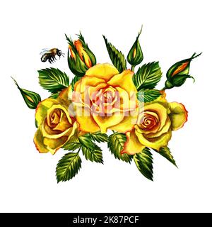 Roses jaunes, composition de bouquet de félicitations. Fleurs jaunes d'aquarelle avec feuilles vertes. Collection de fleurs vintage pour un motif carte ou invitation Banque D'Images
