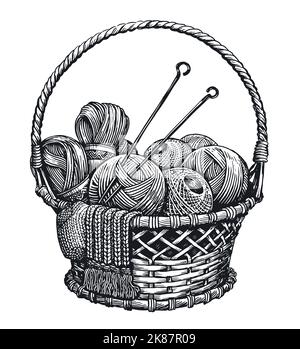 Balles de fil en panier. Les colades, les pellades de fil, les aiguilles de tricotage. Outils femme hobby artisanat esquisse vintage vecteur Illustration de Vecteur