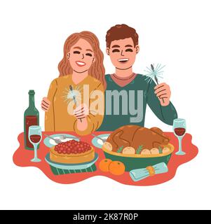 Dîner de Noël. Famille de deux avec vin rouge des Sparklers lors du dîner de Noël à la maison. Homme et femme célébrant ensemble Illustration de Vecteur