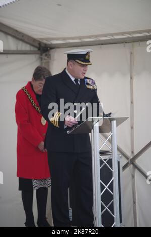 Tynemouth, Royaume-Uni. 21 octobre 2022. Commandant Chris Bovill, Marine royale, commandant du HMS Calliope, qui donne une allocution sur Collingwood et la bataille de Trafalgar. Crédit : Colin Edwards/Alay Live News. Banque D'Images