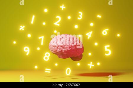 Chiffres du cerveau humain symboles mathématiques fond jaune 3D rendu. Journée internationale des mathématiques Algebra apprentissage des compétences éducation mémoire imp Banque D'Images