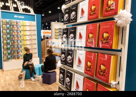 Francfort, Allemagne. 19th octobre 2022. Foire du livre de Francfort, Frankfurter Buchmesse 2022: Stand de l'éditeur dtv Verlagsgesellschaft., présentant les romans romanels vampires de la série de crave BEST-seller de Tracy Wolff sur l'Académie Katmere. Crédit: Christian Lademann / LademannMedia Banque D'Images