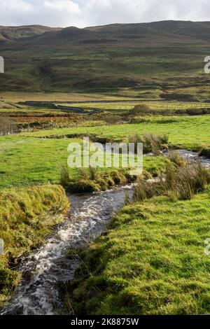 Ruisseau de montagne traversant un champ d'agriculteurs sur l'île de Skye, Écosse, Royaume-Uni Banque D'Images