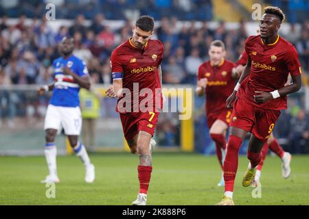 Genova, GE, Italie. 17th octobre 2022. Italie, Genova, oct 17 2022: Lorenzo Pellegrini (en tant que milieu de terrain Roma) marque et célèbre le but 1-0 à 9' pendant le match de football SAMPDORIA vs AS ROMA, série A Tim 2022-2023 day10 stade Ferraris (Credit image: © Fabrizio Andrea Bertani/Pacific Press via ZUMA Press Wire) Banque D'Images